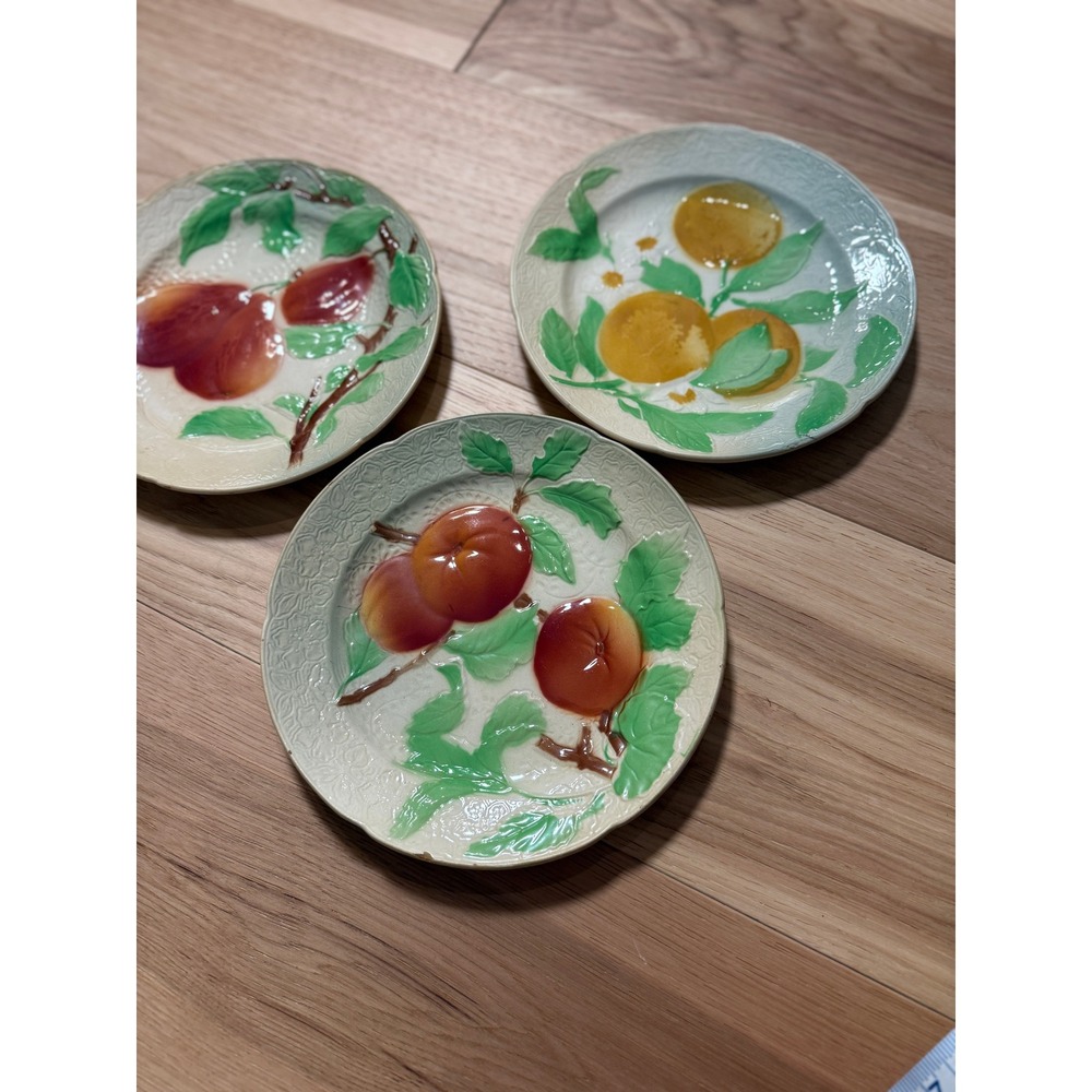 St. Clement Vintage Majolica Fruit Plates Set of 3 Made in France AS IS 1920s